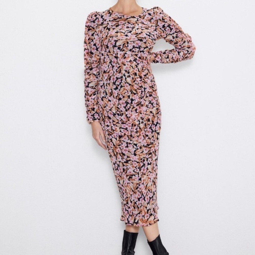 Zara Ruched Floral Midi Dress